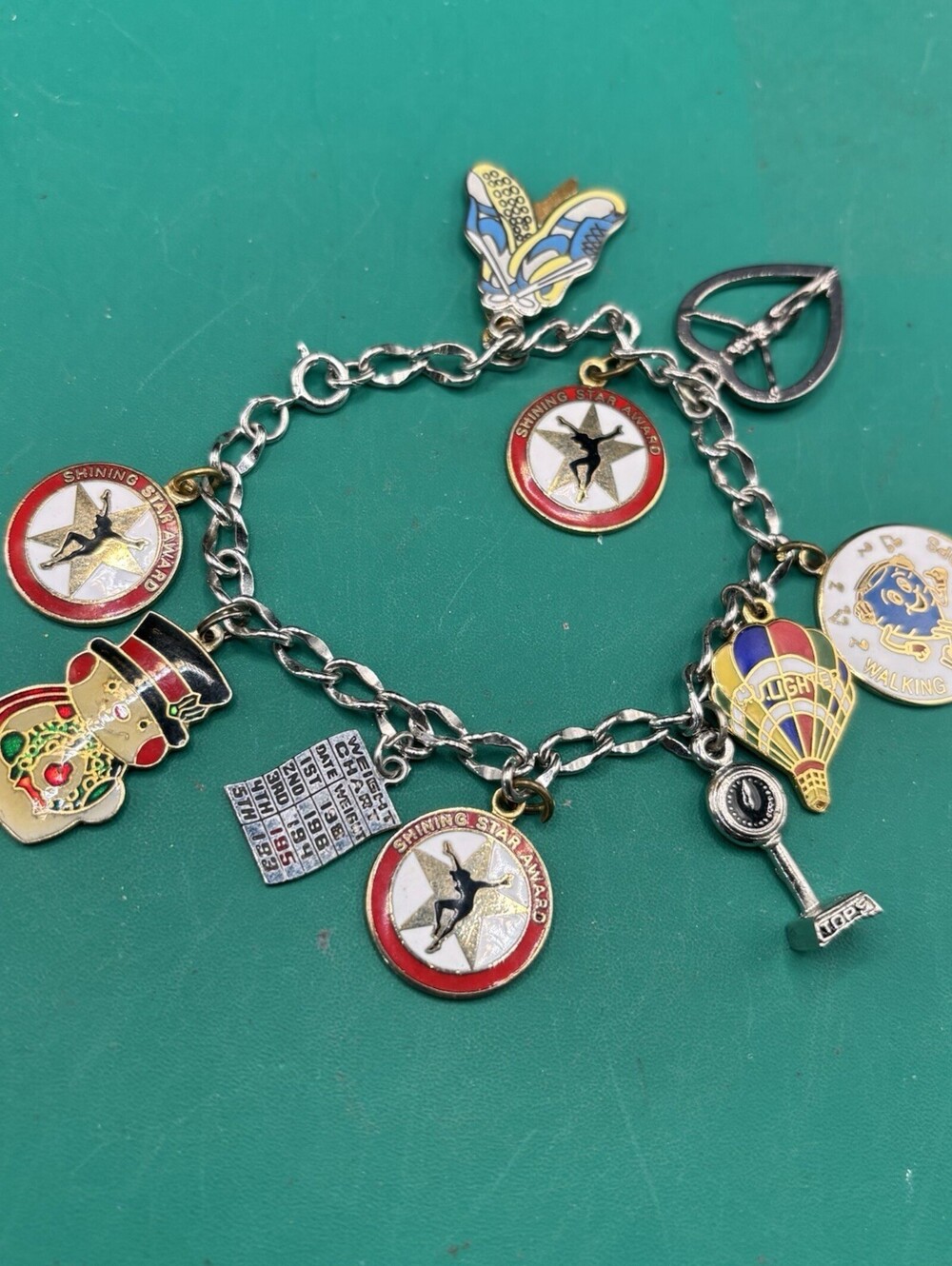 Vintage Silver Metal & Enamel TOPS Charms with Bracelet 7.5” Award Stars